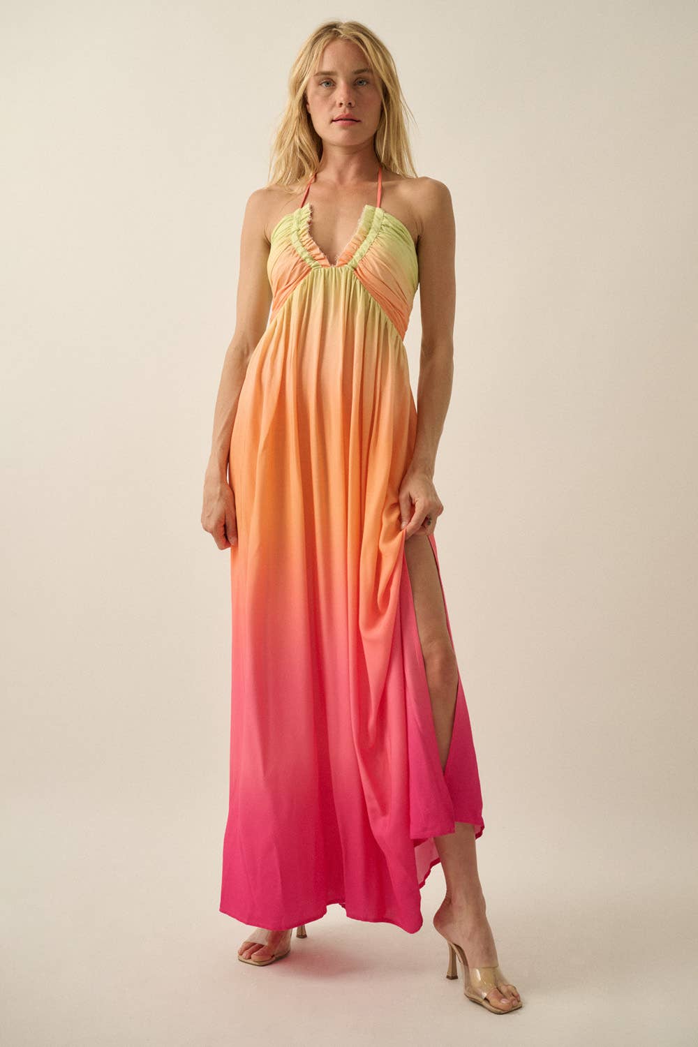 Ombre Crepe Tie-Back Halter Pocket Maxi Dress