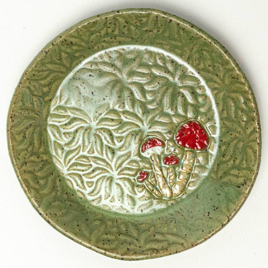 Mushroom Pattern Green Stoneware Round Trinket Dish Handmade