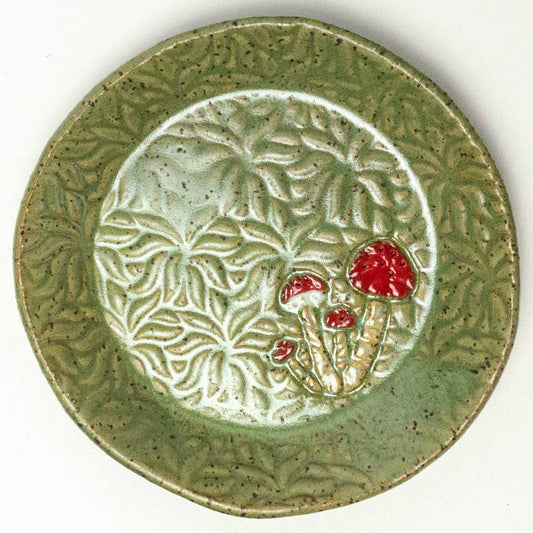 Mushroom Pattern Green Stoneware Round Trinket Dish Handmade
