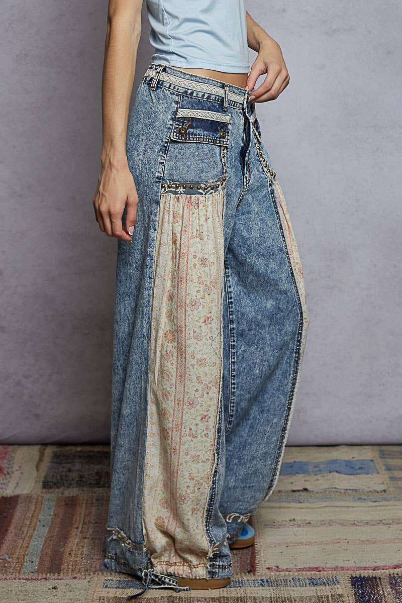 Elastic band floral print patch stud detail jogger pants: Pink or Sage