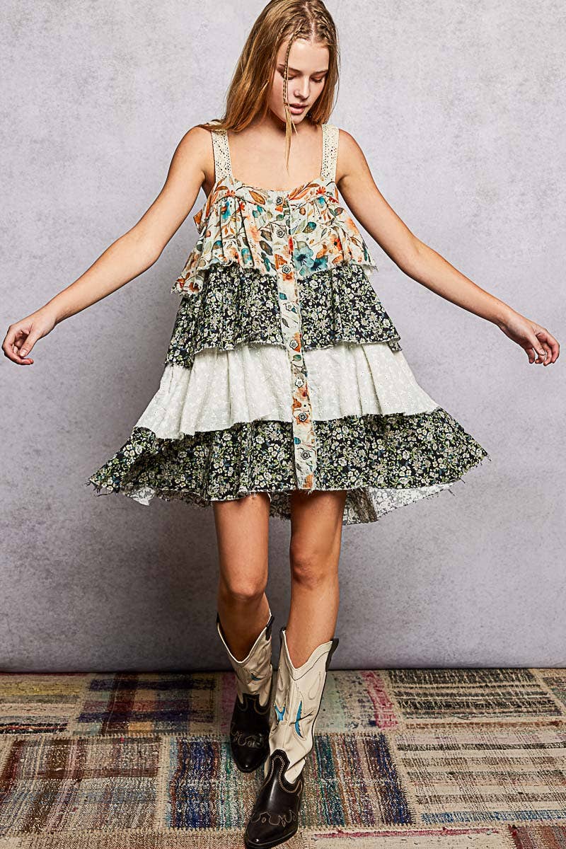 Boho Eyelet Patch Ruffle Floral Print Mini Dress