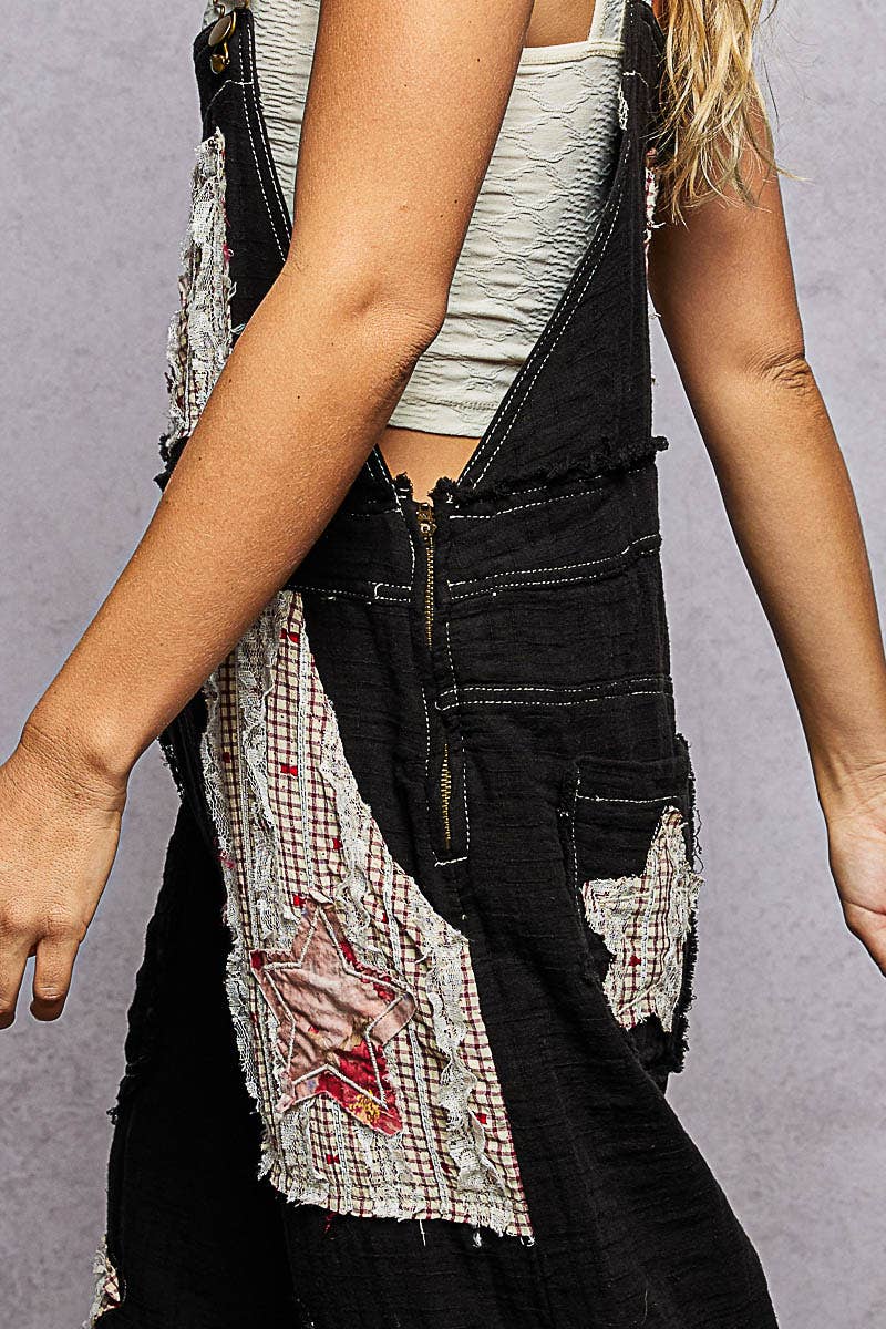 Double Gauze Lace Contrast Side Zipper Patchwork Overalls