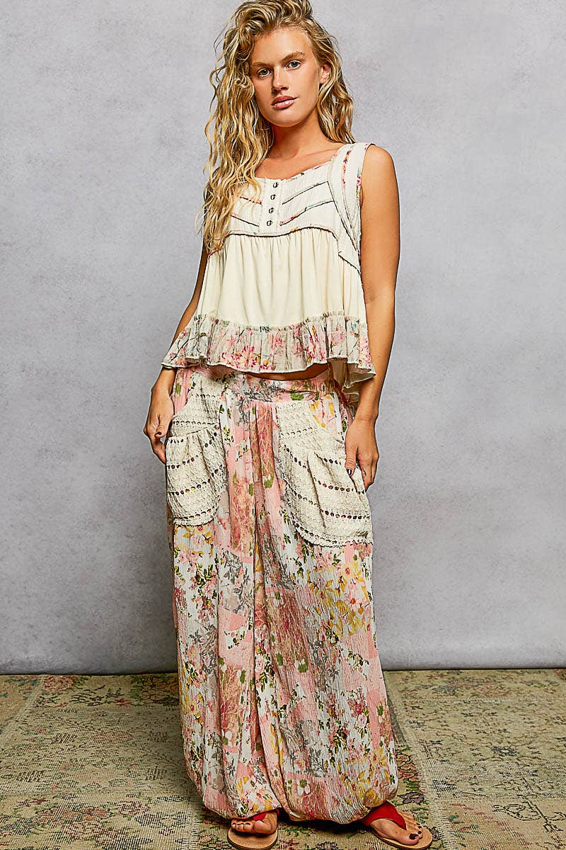 Square Neck Soft POL Jersey Floral Trim Boho Tank Top