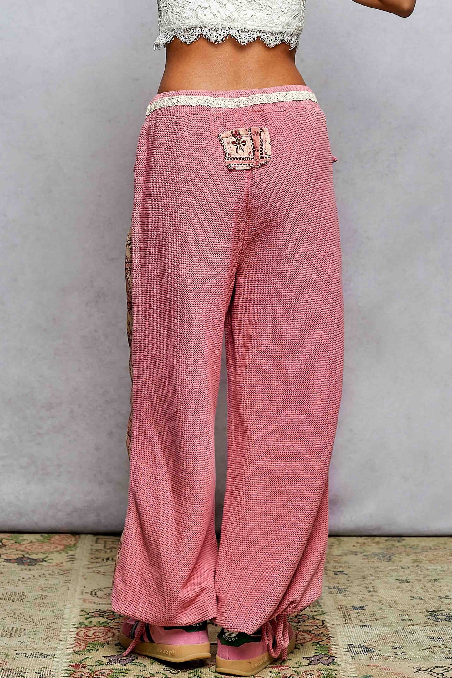 Elastic band floral print patch stud detail jogger pants: Pink or Sage