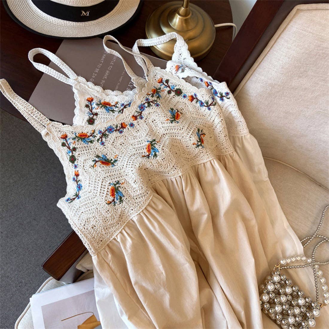 Crosa - Bohemian Style Midi Dress: BEIGE / AVERAGE
