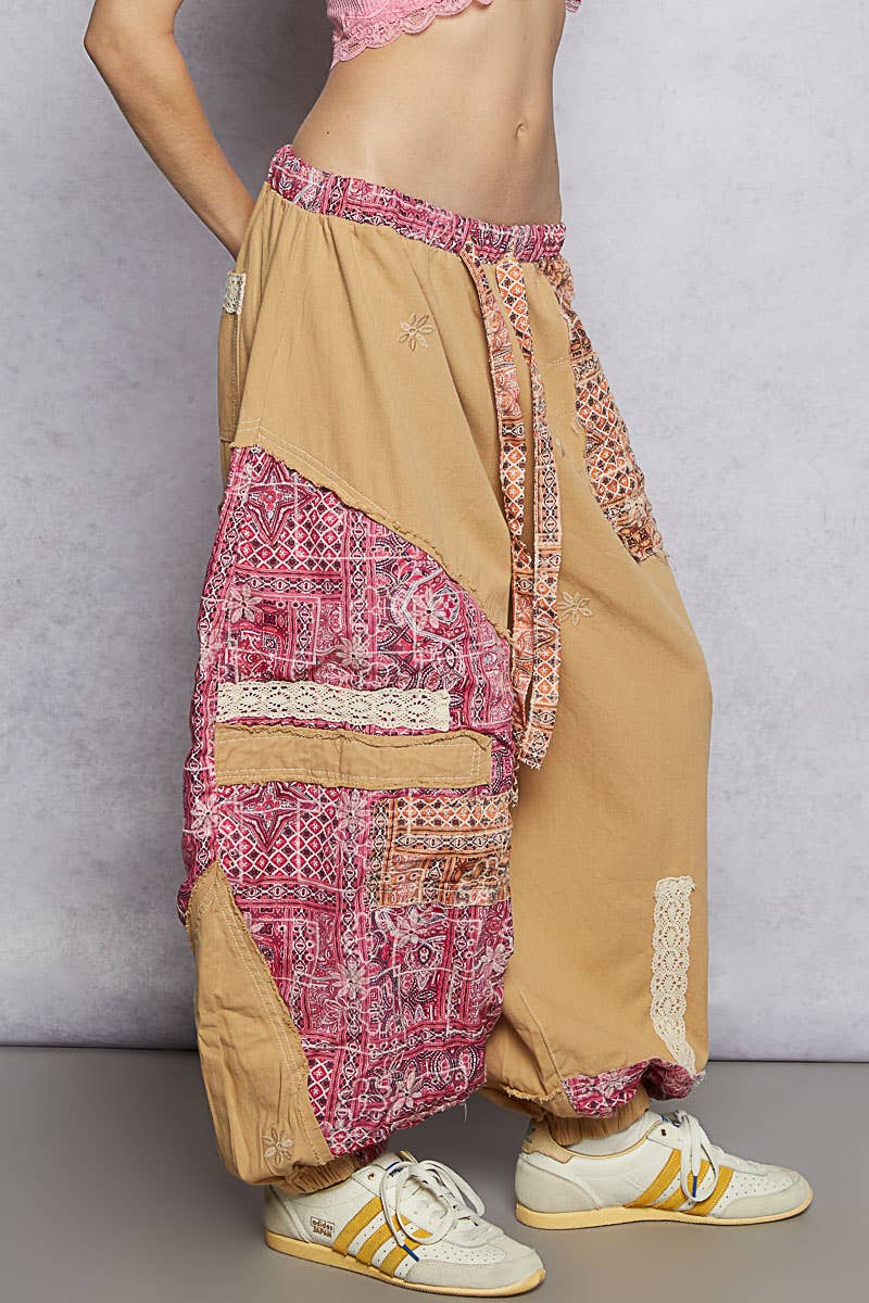 Floral print patchwork twill woven jogger pants