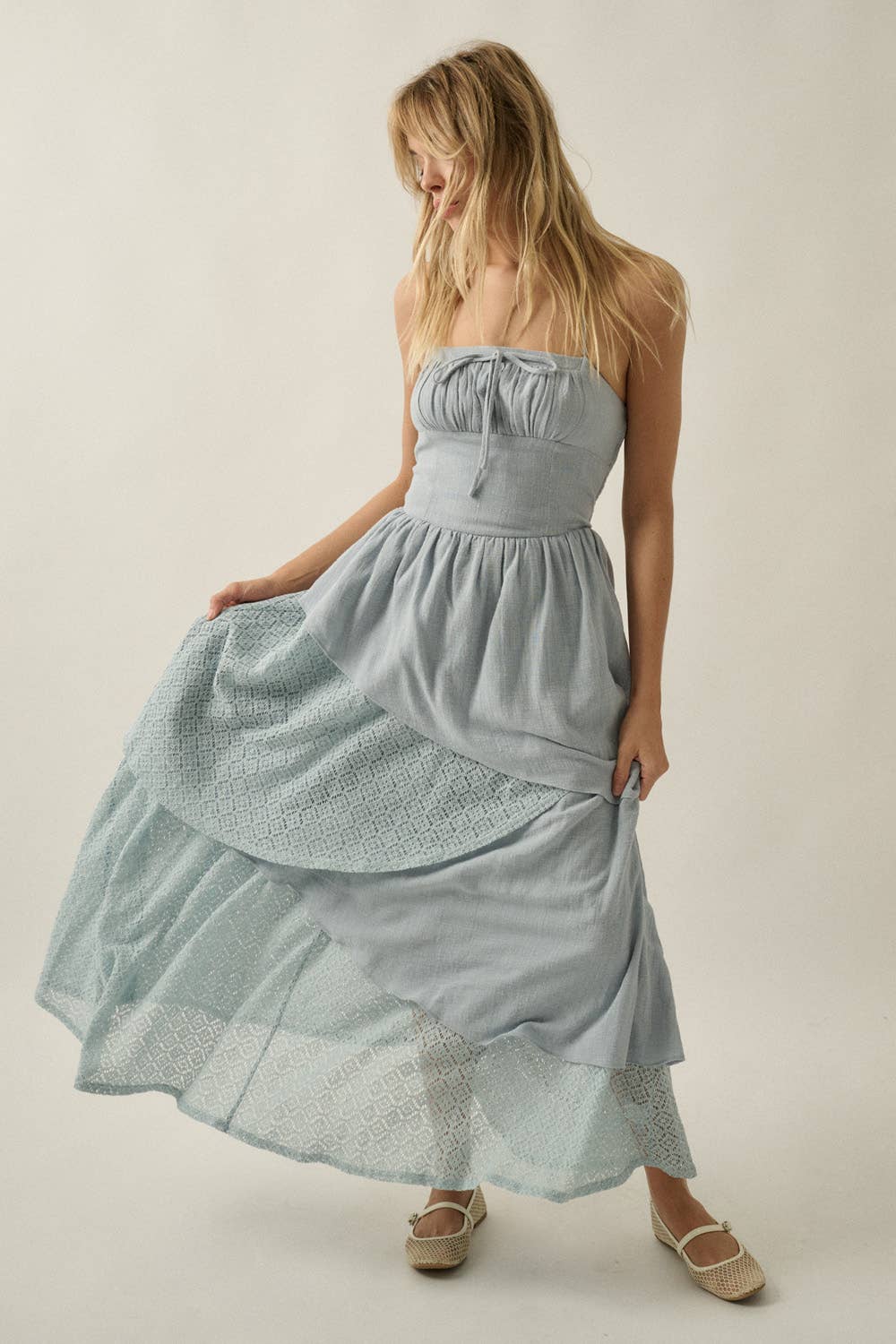Cotton Gauze and Lace Asymmetrical Tiered Halter Maxi Dress