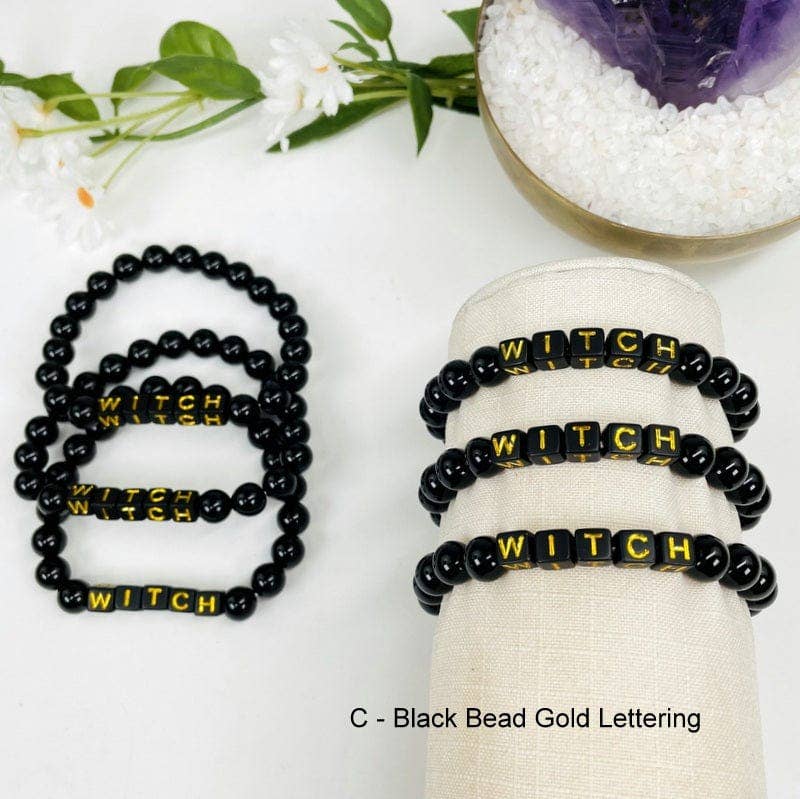 Black Obsidian Beaded Bracelet with "WITCH" Letter Beads - B: B - White Bead Gold Lettering