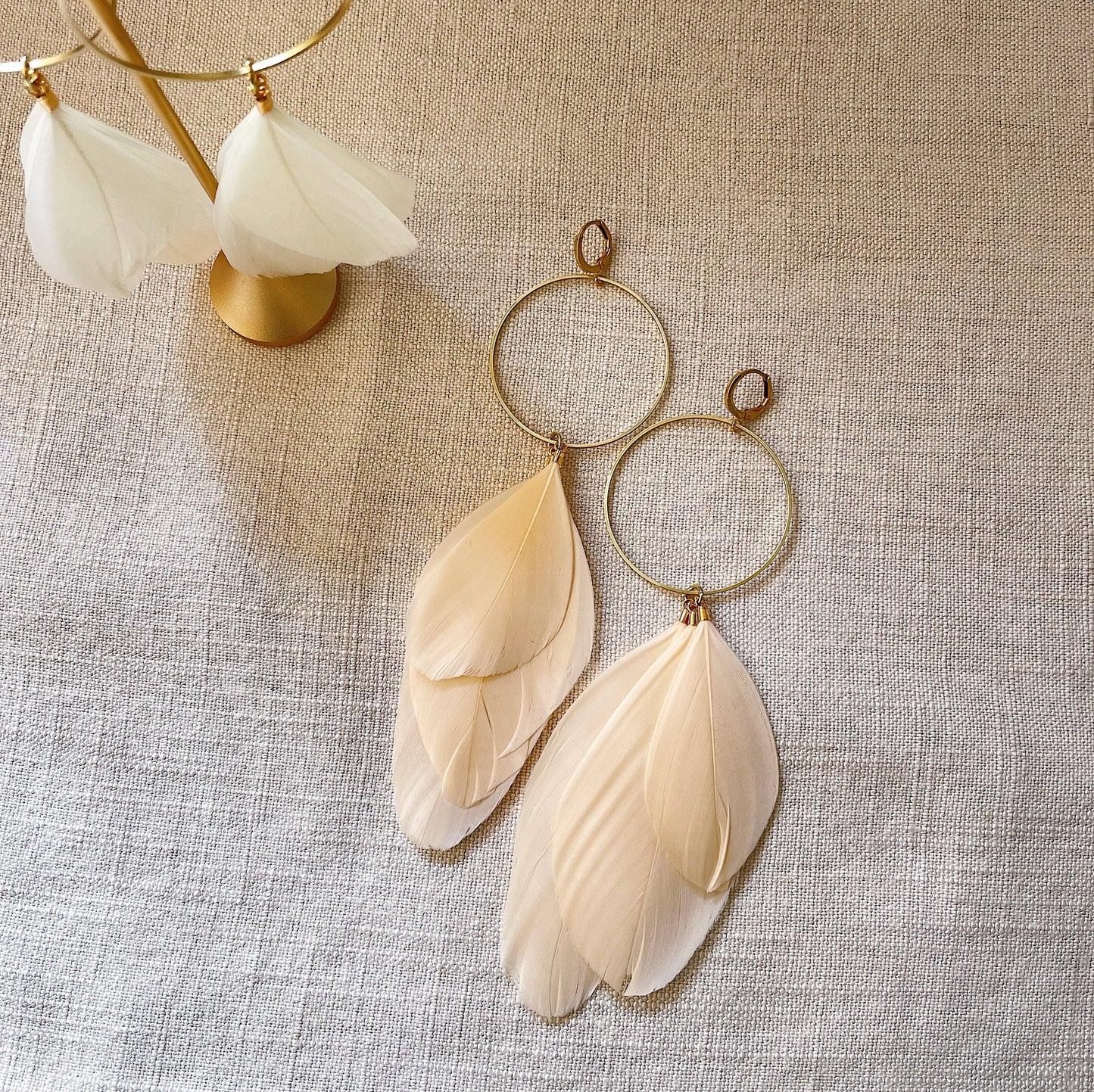Hoop & Stone Feather Earrings: Brass With Stones