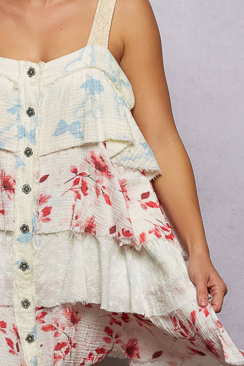 Boho Eyelet Patch Ruffle Floral Print Mini Dress