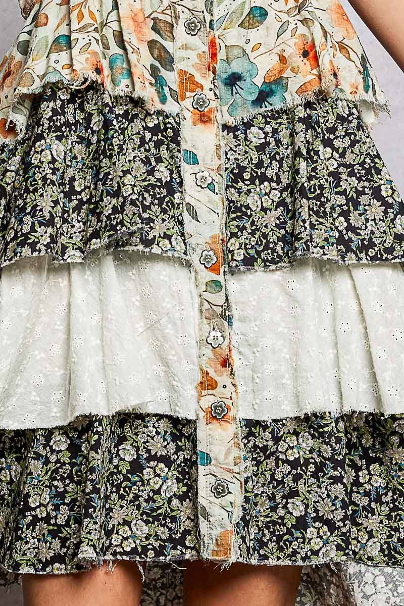 Boho Eyelet Patch Ruffle Floral Print Mini Dress