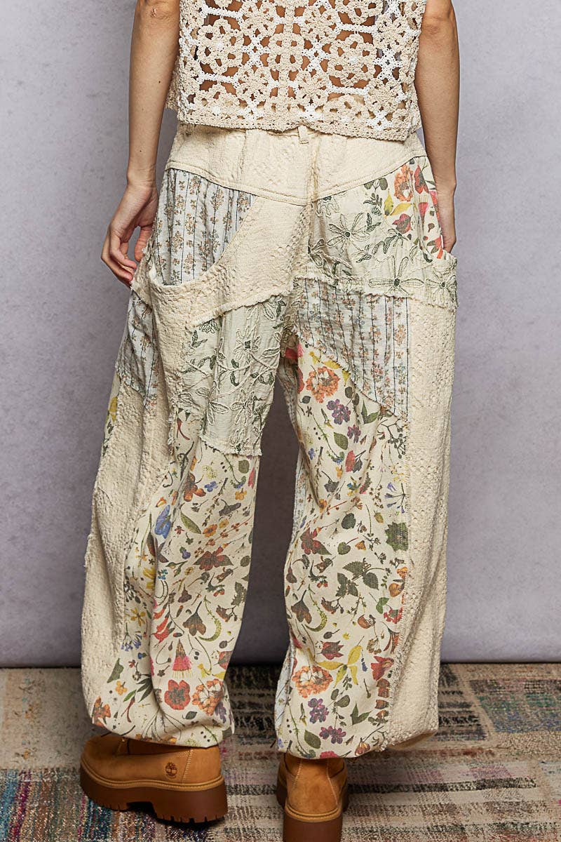 Jacquard Floral Twill Patch Waist Loop Jogger Pants