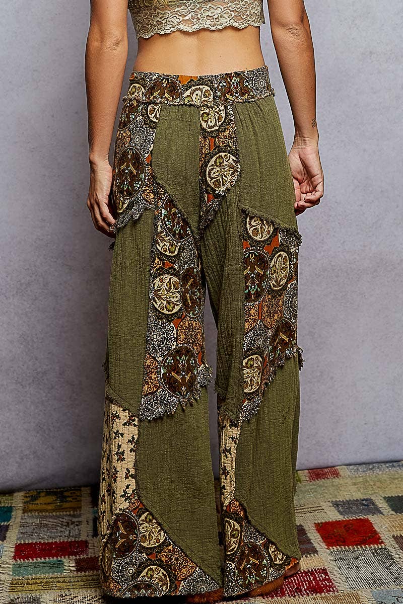 Double gauze varied printed patchwork woven pants: OLIVE or NATURAL