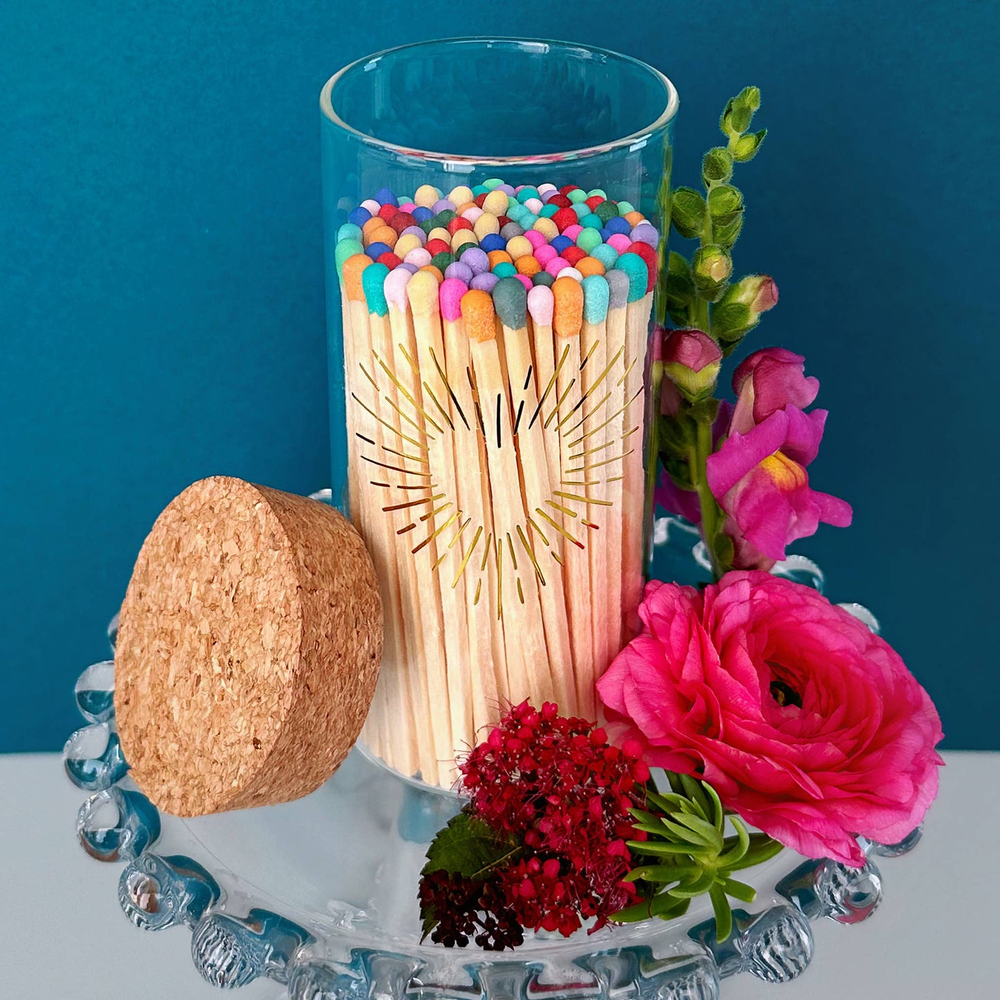 Gold Print with 4" Matches & Lg Cork Top Jar