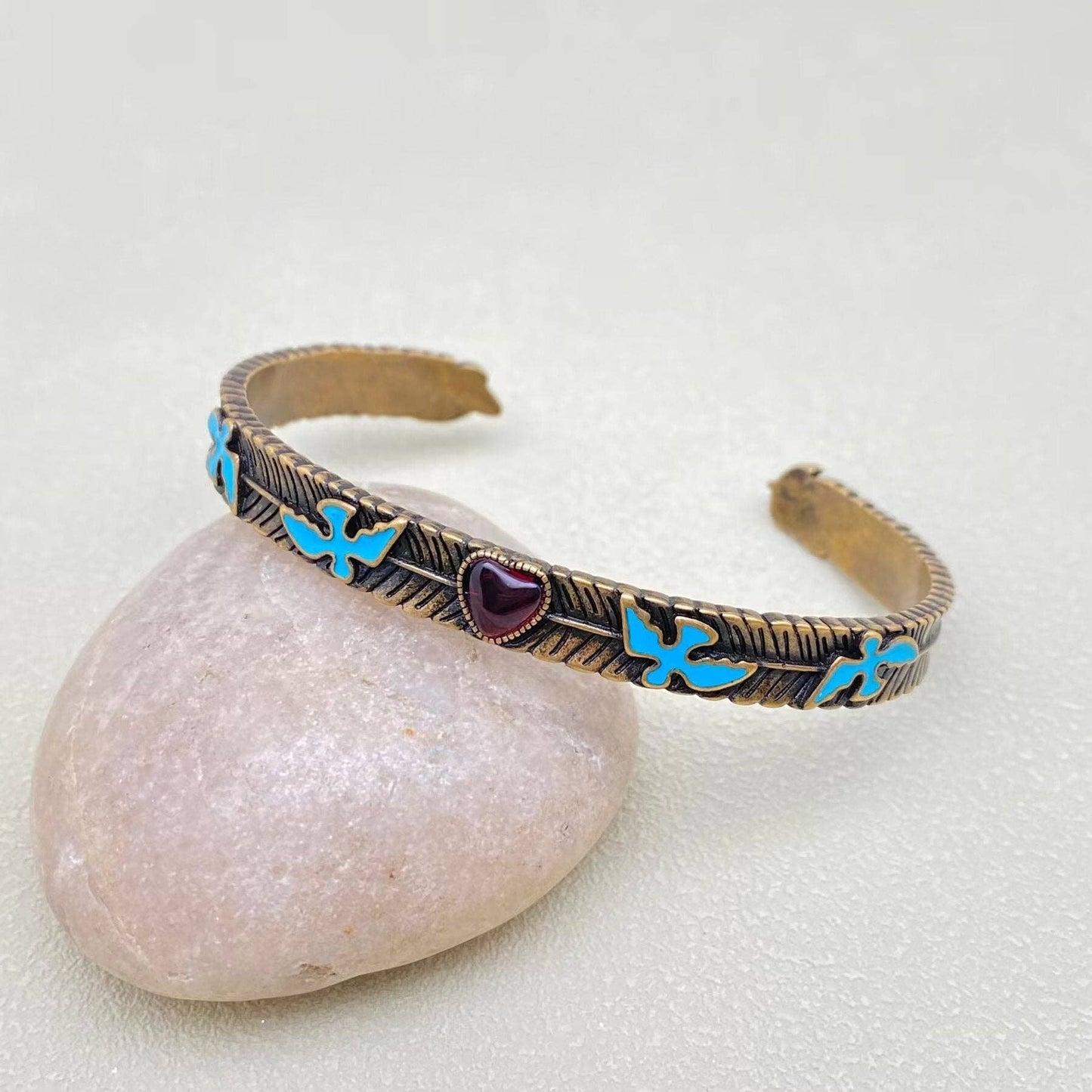 Vintage Red Heart Enamel Bird Bronze Adjustable Cuff