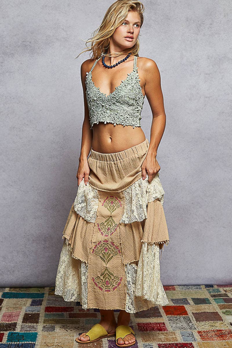 Vintage Double Gauze Lace Ruffle Floral Skirts: Natural, Latte