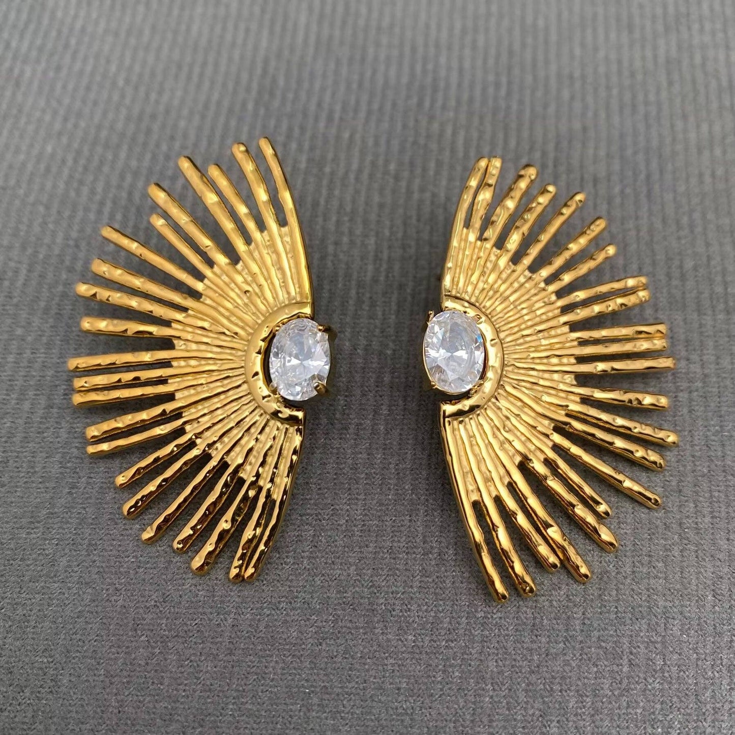 Zircon inlaid Sun rays 18K Gold Plated S.Steel Earrings