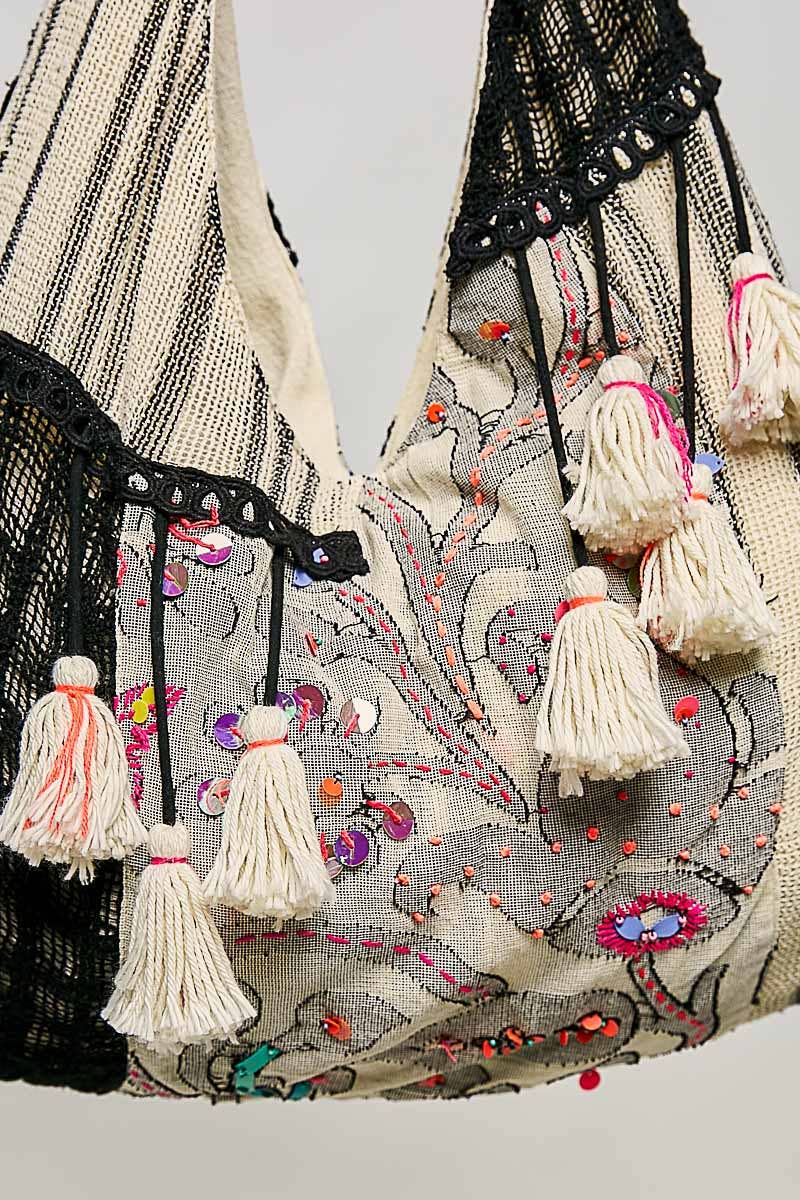 Roomy Fit Patchwork Tassel Black Hobo Bag