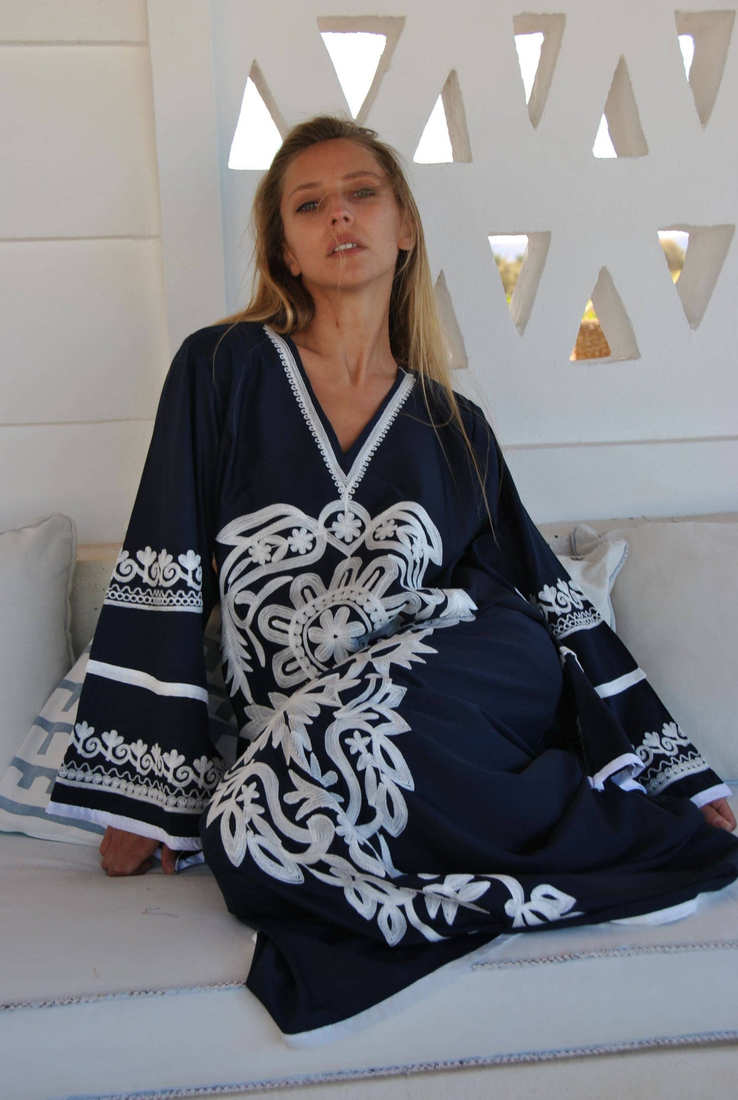Stunning Navy Blue Embroidered Caftan, Wide Sleeve Caftan: M