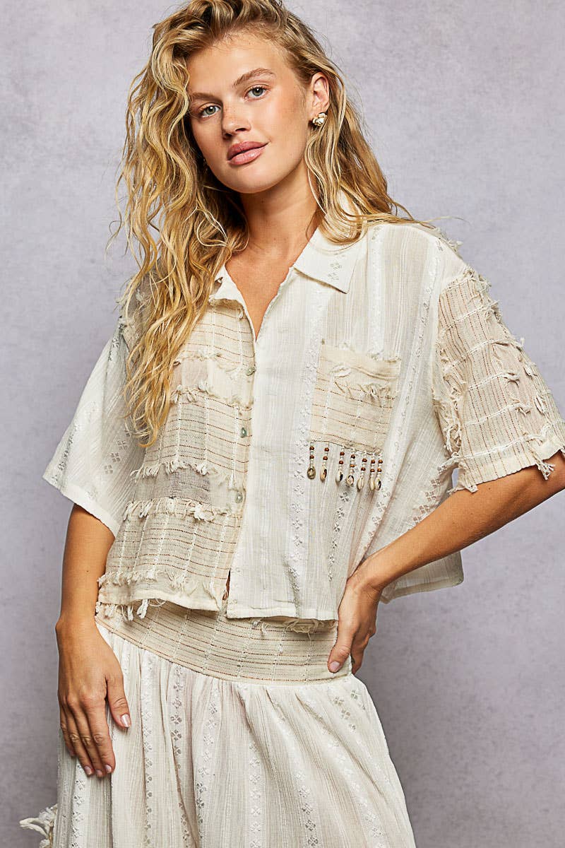 Boho Woven Texture Fringe Shell Beads Short Shirt Top