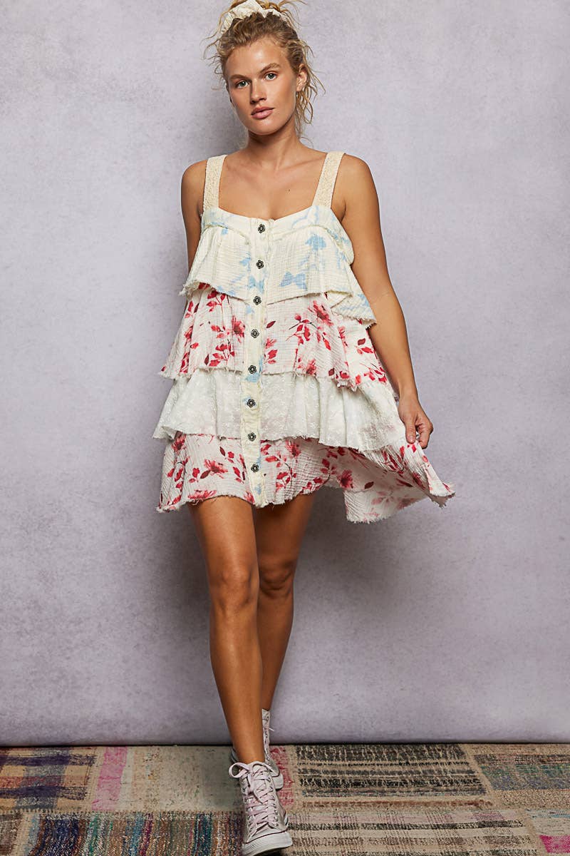 Boho Eyelet Patch Ruffle Floral Print Mini Dress