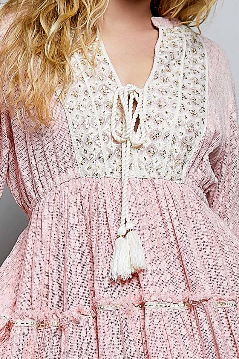 Split Embroidery Tassel Detail V-Neck Flared Short Dress