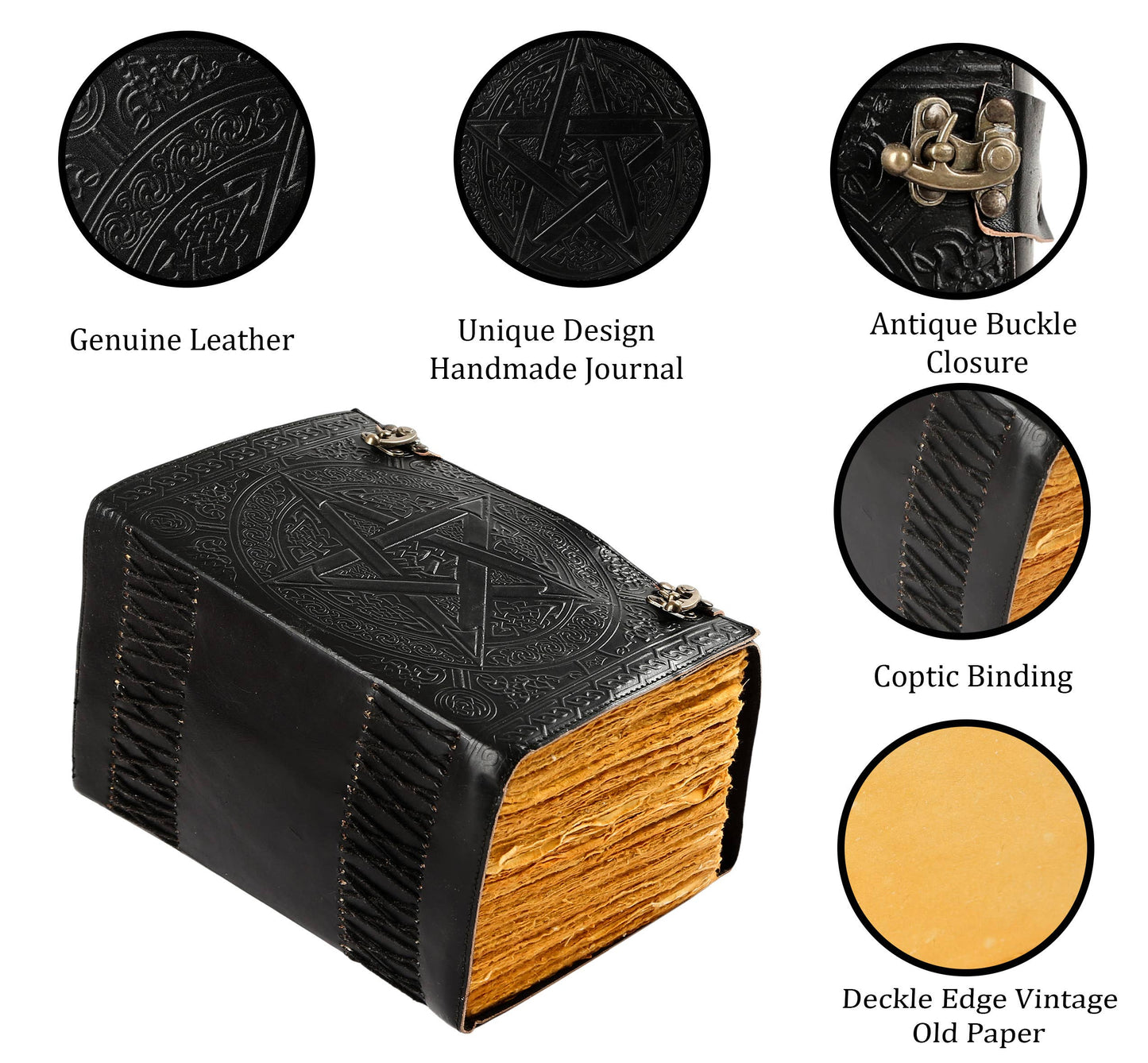 1000 Pages Large Black Pentagram Embossed Leather Journal | Writing Leather Notebook | Leather grimoire Book | Handmade Leather Journal Gift