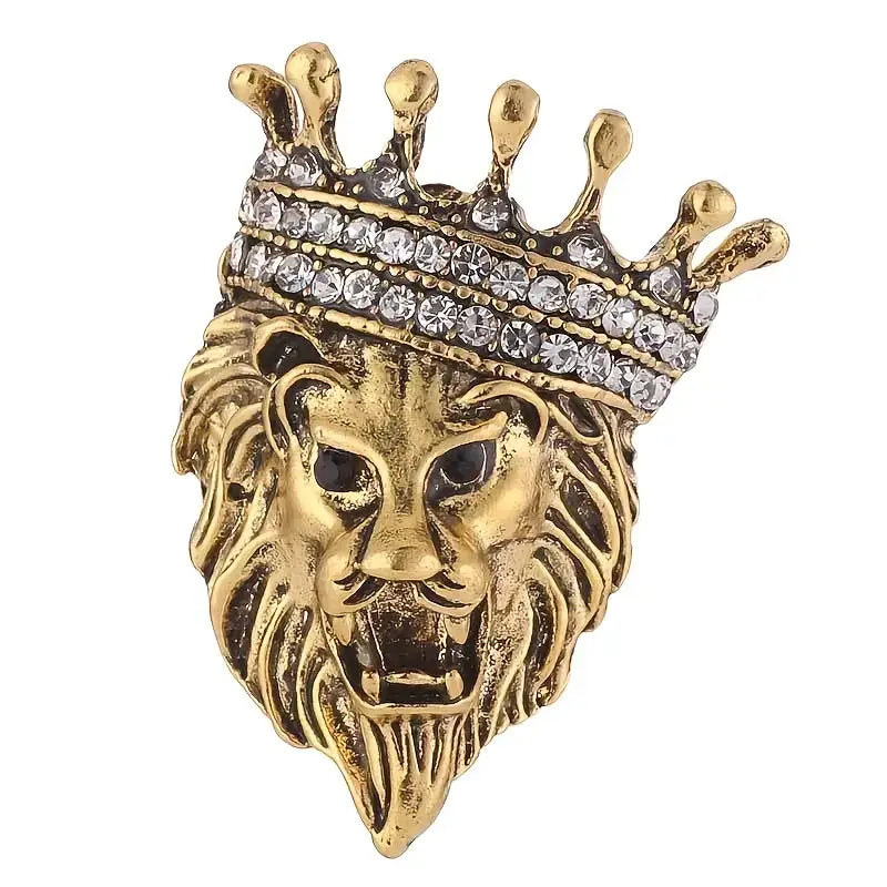 Regal Lion Crown Brooch – Gold & Crystal Suit Pin