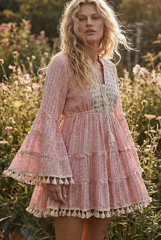 Split Embroidery Tassel Detail V-Neck Flared Short Dress