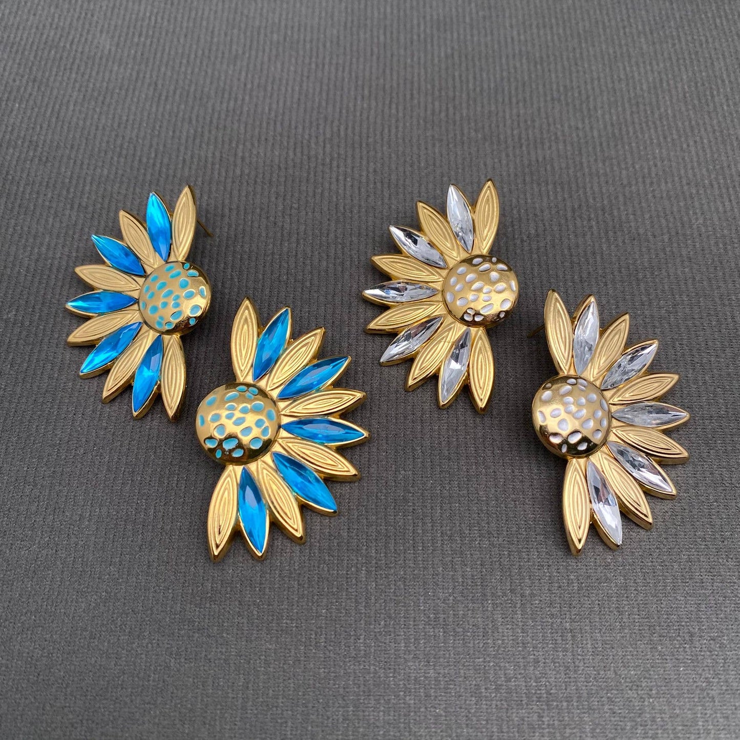 Rhinestone Inlaid Half Flower 18K Golden S.Steel Earrings - FGS