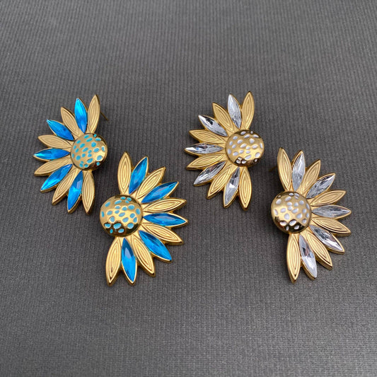 Rhinestone Inlaid Half Flower 18K Golden S.Steel Earrings - FGS