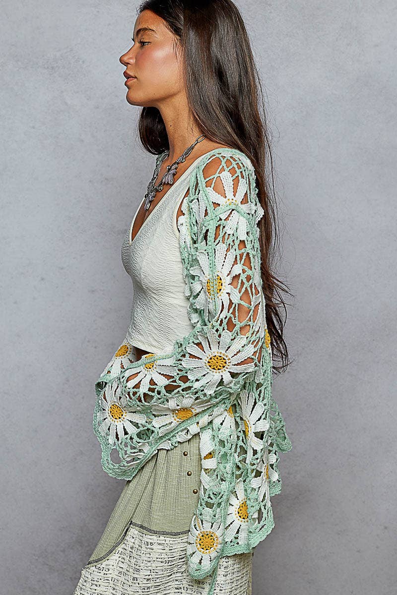 Long sleeve V neck crochet knit open cardigan