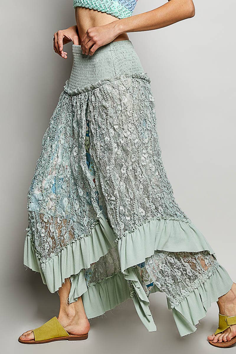 Ruffle Smocked Waist Solid Long Lace Skirt