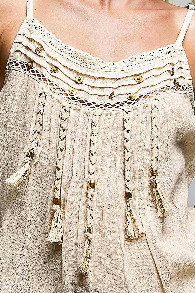 Lightweight Woven Lace Trim Tassel Detail Camisole Top