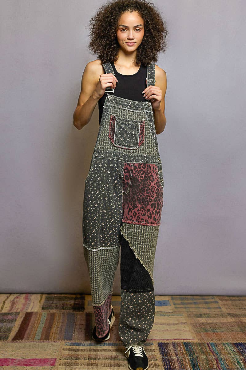 Overalls Animal/Floral Printed Frayed Edge Twill Woven overalls: DENIM S - L