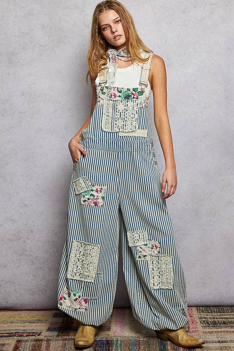 Printed Lace Patch Trim Strap Relaxed Fit Jogger Overall
