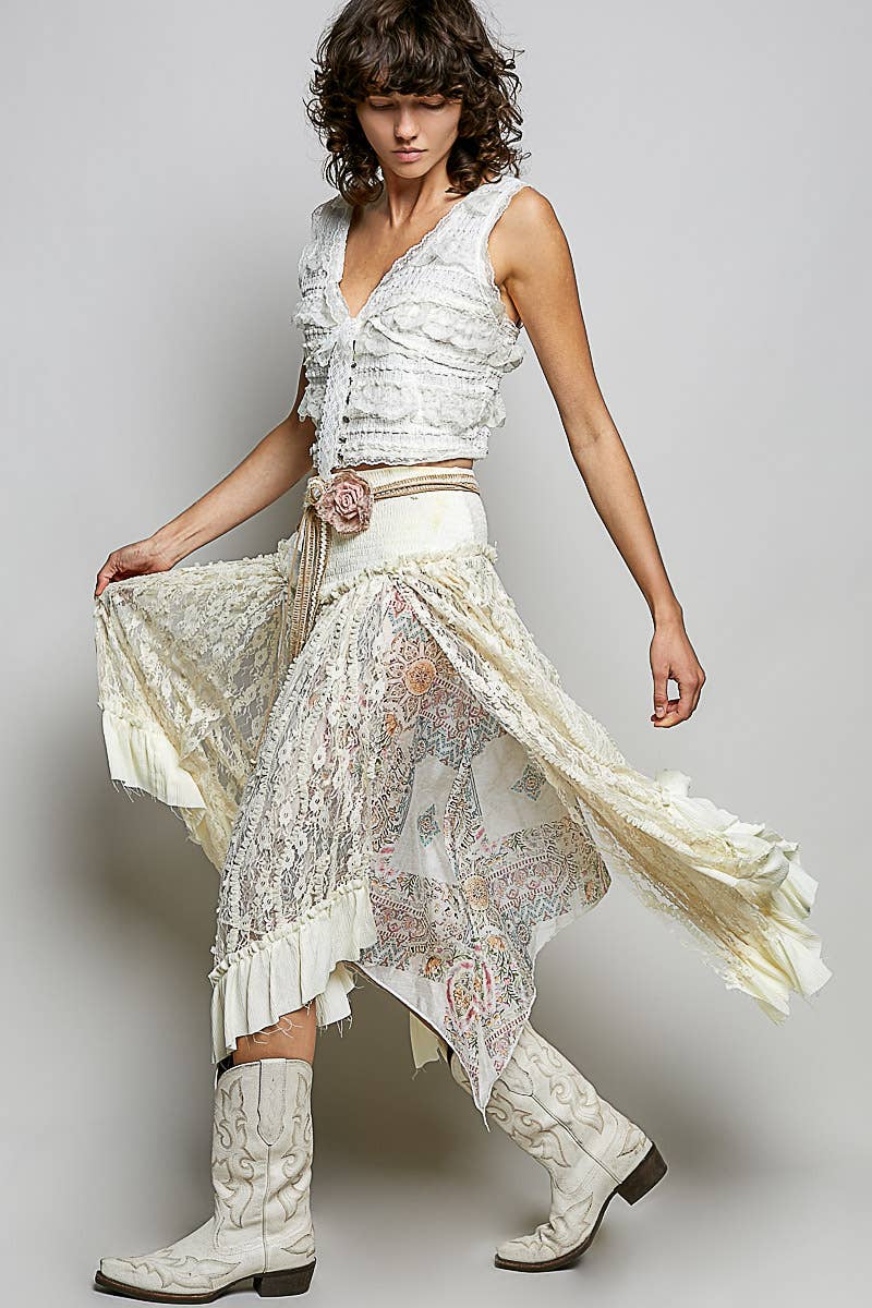Ruffle Smocked Waist Solid Long Lace Skirt