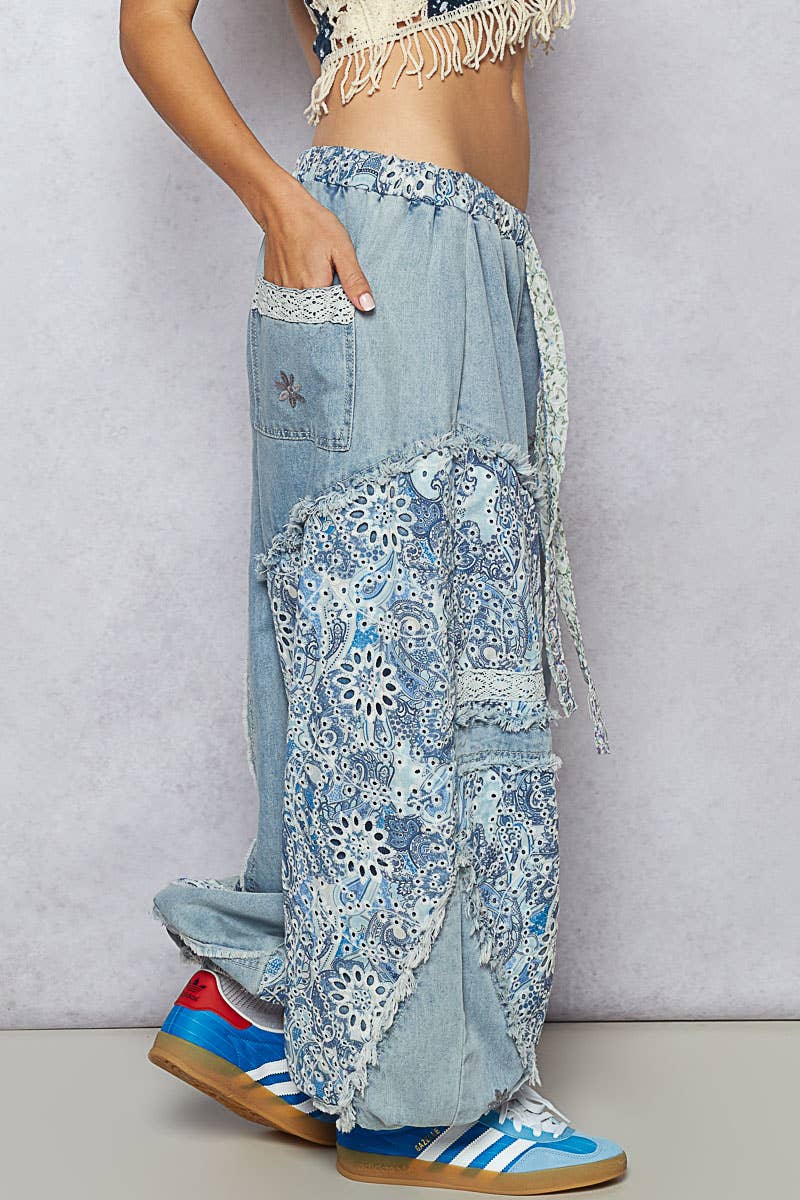 Floral print patchwork twill woven jogger pants