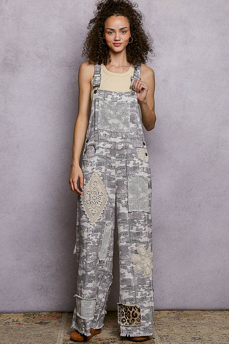 Crochet Contrast Patch Detail Chest Pocket Woven Overalls