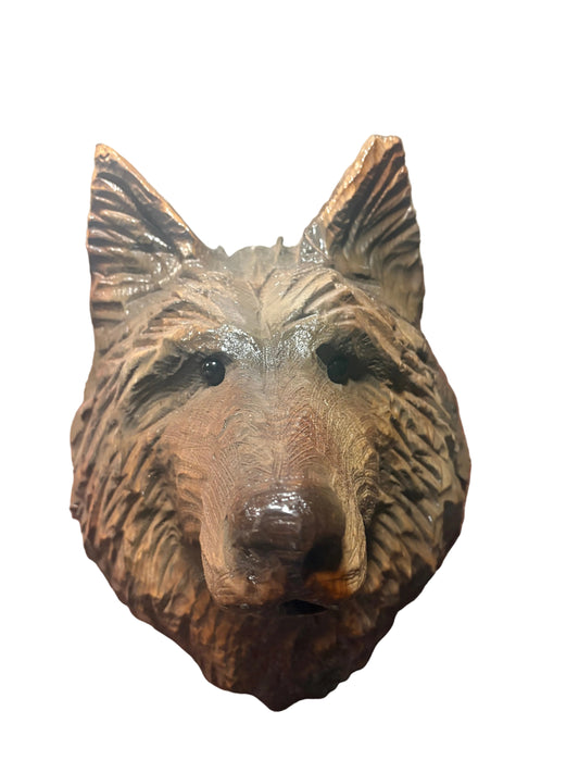 Wood Carved Wolf Head