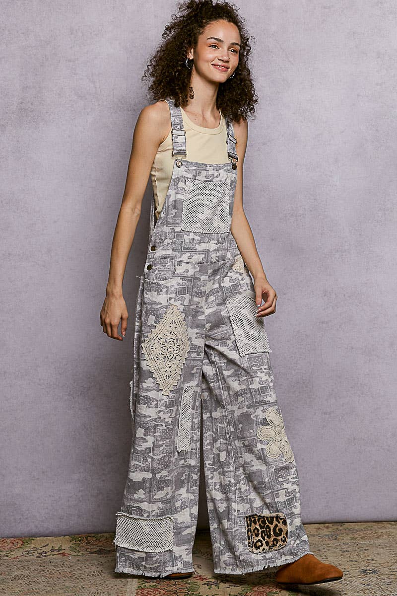 Crochet Contrast Patch Detail Chest Pocket Woven Overalls