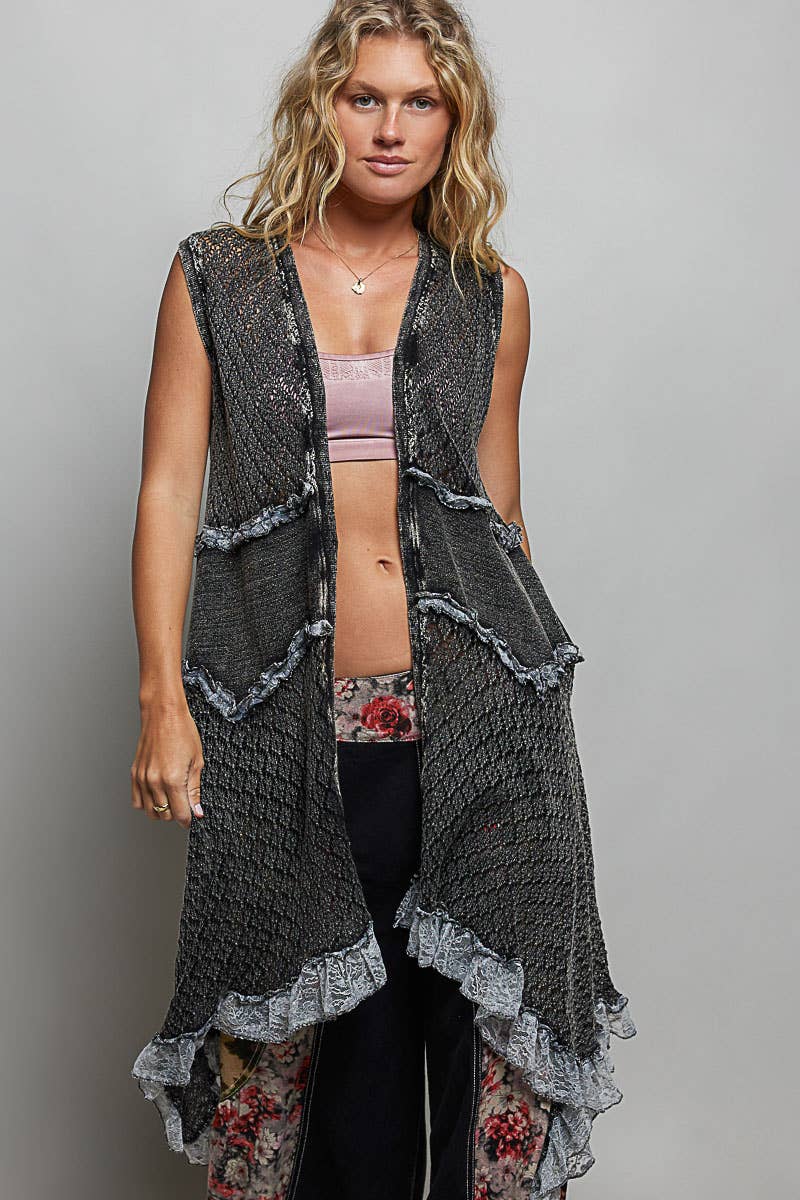 Solid Ruffle Vintage Washed Crochet Vest Casual Cardigan