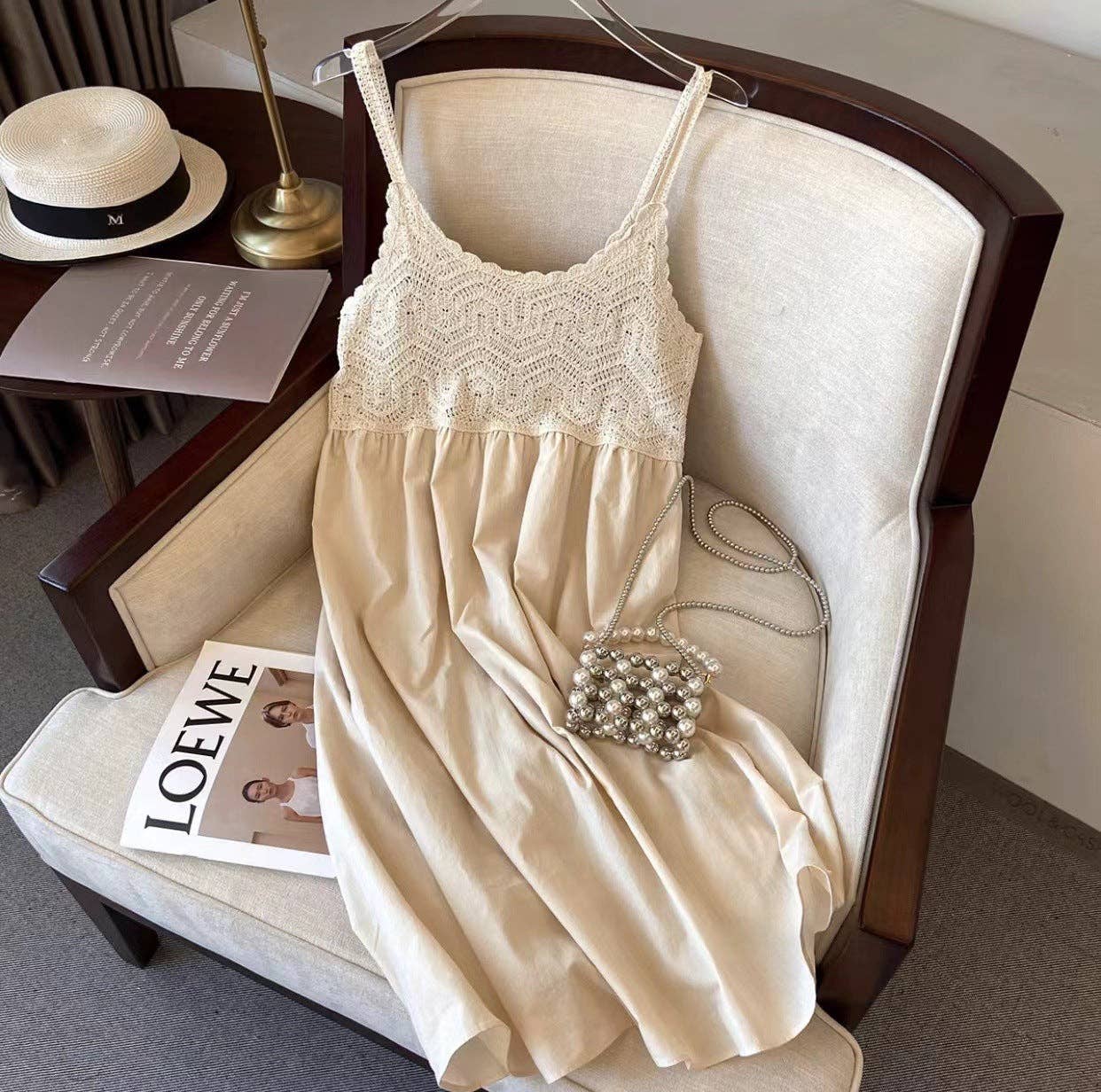 Crosa - Crochet Lace Spaghetti Strap Dress: WHITE / AVERAGE