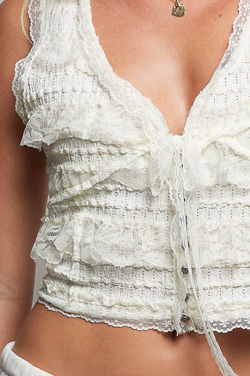 V-neck Sleeveless Cropped Woven Lace Top