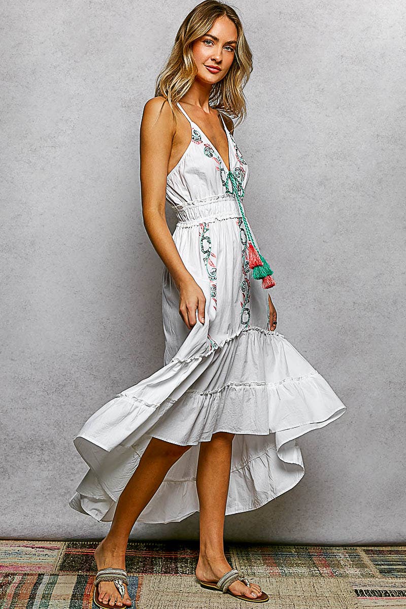 V-Neck Sleeveless Embroidery Tiered Cotton Dress