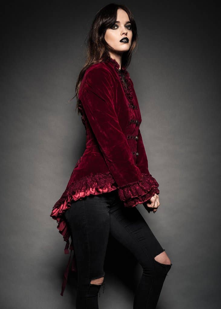 Red Velvet Steampunk Tail Jacket Gothic Burlesque Tailcoat : Small-3XL