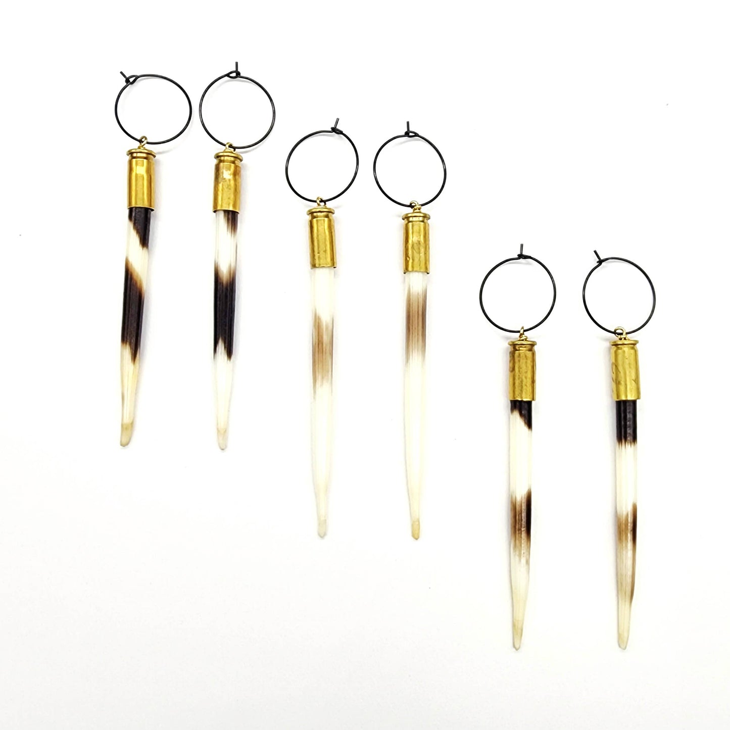 Spent Brass Bullet Casing & Porcupine Quill Earrings