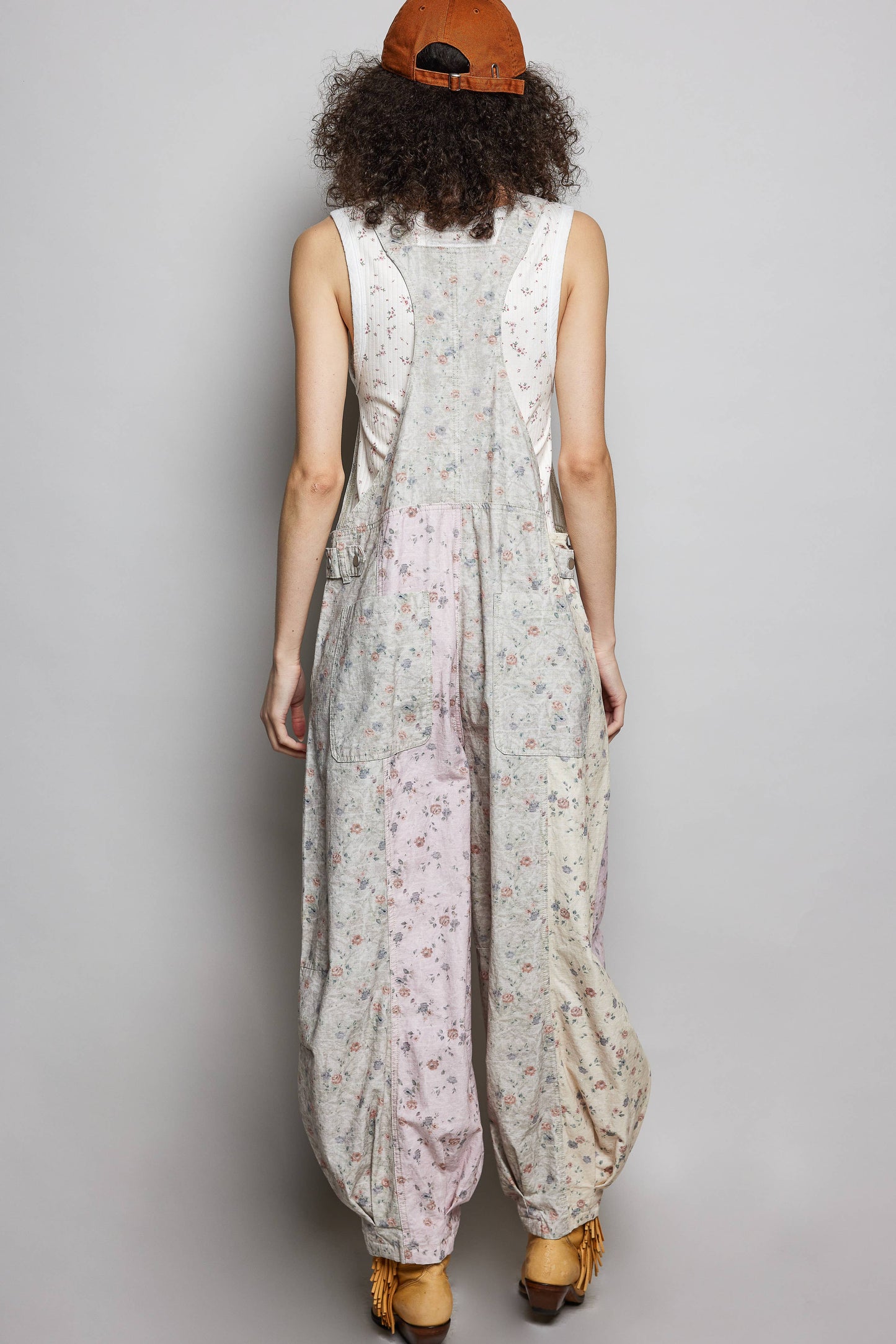 Boho Floral Print Lace Trim Woven Front Zip Overall