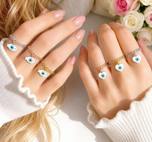 Evil Eye Adjustable Ring Fish or Heart Charm