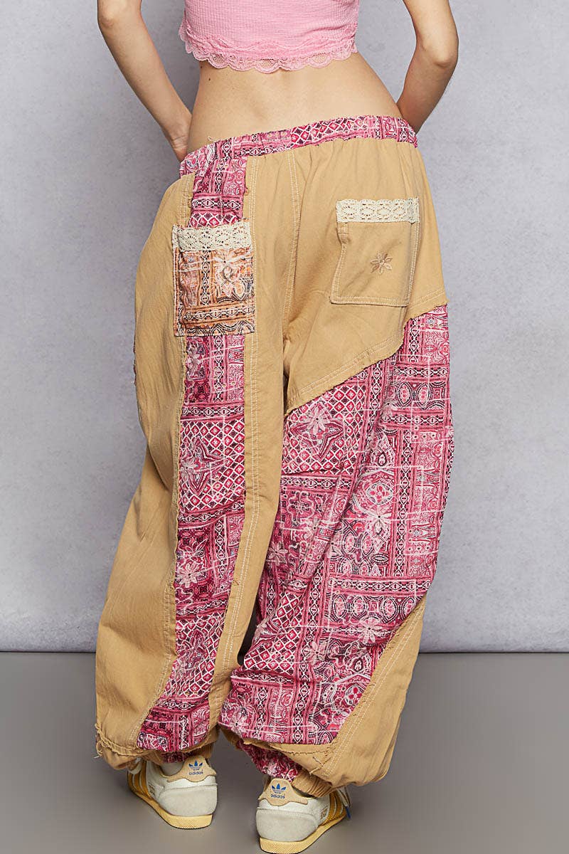 Floral print patchwork twill woven jogger pants